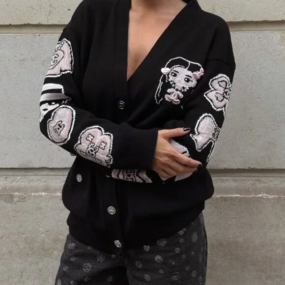 Chanel Black Knit Cardigan Cartoon Embroidery Plays Up Luxury Childlike Style - Picture 2 of 10